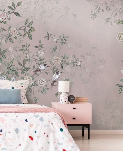 pink rose garden wallpaper mural called Birds Singing in the Rose Garden Pink at Wallsauce for bedrooms, living rooms and bathrooms
