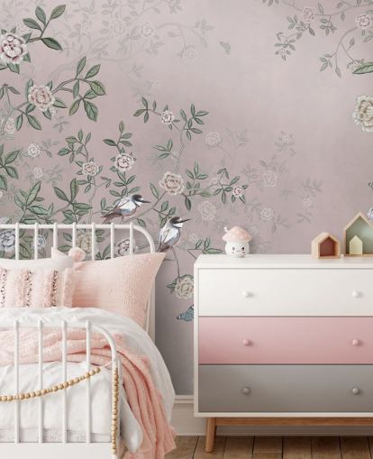 papier peint mural de roseraie rose appelé Birds Singing in the Rose Garden Pink at Wallsauce pour les chambres, les salons et les salles de bain papier peint mural de roseraie rose appelé Birds Singing in the Rose Garden Pink at Wallsauce pour les chambres, les salons et les salles de bain