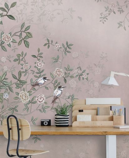 rosafarbenes Rosengarten-Wandbild mit dem Titel Birds Singing in the Rose Garden Pink at Wallsauce für Schlafzimmer, Wohnzimmer und Badezimmer