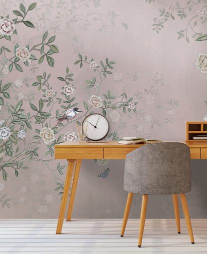 rosafarbenes Rosengarten-Wandbild mit dem Titel Birds Singing in the Rose Garden Pink at Wallsauce für Schlafzimmer, Wohnzimmer und Badezimmer rosafarbenes Rosengarten-Wandbild mit dem Titel Birds Singing in the Rose Garden Pink at Wallsauce für Schlafzimmer, Wohnzimmer und Badezimmer