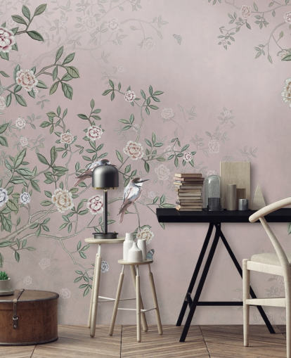 carta da parati murale rosa con giardino di rose chiamato Birds Singing in the Rose Garden Pink at Wallsauce per camere da letto, salotti e bagni