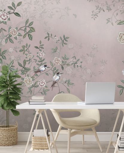 papier peint mural de roseraie rose appelé Birds Singing in the Rose Garden Pink at Wallsauce pour les chambres, les salons et les salles de bain