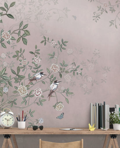 mural de papel de parede de jardim de rosas rosa chamado Birds Singing in the Rose Garden Pink at Wallsauce para quartos, salas de estar e banheiros