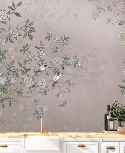 papier peint mural de roseraie rose appelé Birds Singing in the Rose Garden Pink at Wallsauce pour les chambres, les salons et les salles de bain