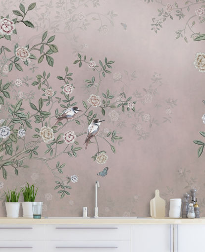 papier peint mural de roseraie rose appelé Birds Singing in the Rose Garden Pink at Wallsauce pour les chambres, les salons et les salles de bain