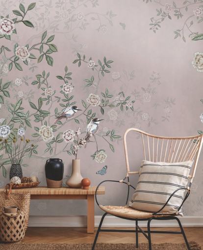 pink rose garden wallpaper mural called Birds Singing in the Rose Garden Pink at Wallsauce for bedrooms, living rooms and bathrooms