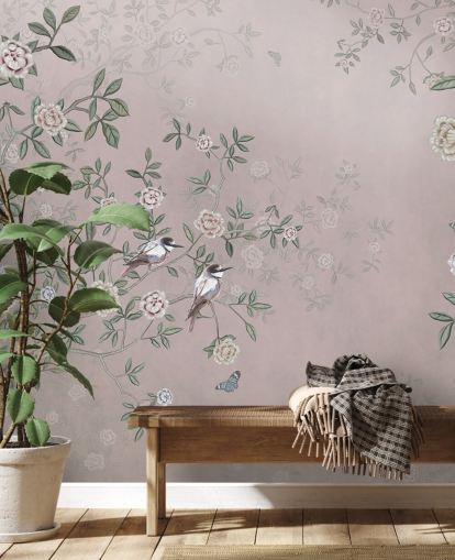 pink rose garden wallpaper mural called Birds Singing in the Rose Garden Pink at Wallsauce for bedrooms, living rooms and bathrooms