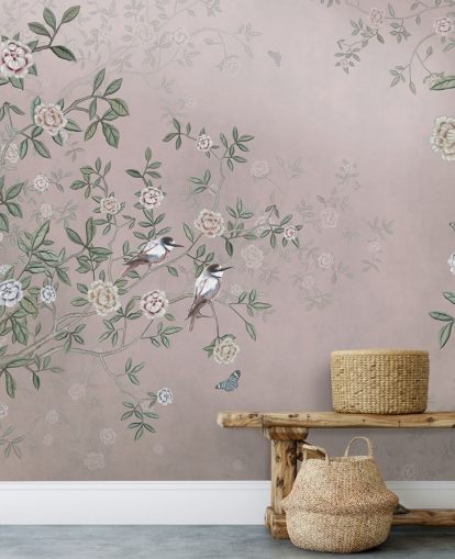 carta da parati murale rosa con giardino di rose chiamato Birds Singing in the Rose Garden Pink at Wallsauce per camere da letto, salotti e bagni