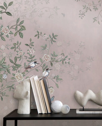 rosafarbenes Rosengarten-Wandbild mit dem Titel Birds Singing in the Rose Garden Pink at Wallsauce für Schlafzimmer, Wohnzimmer und Badezimmer