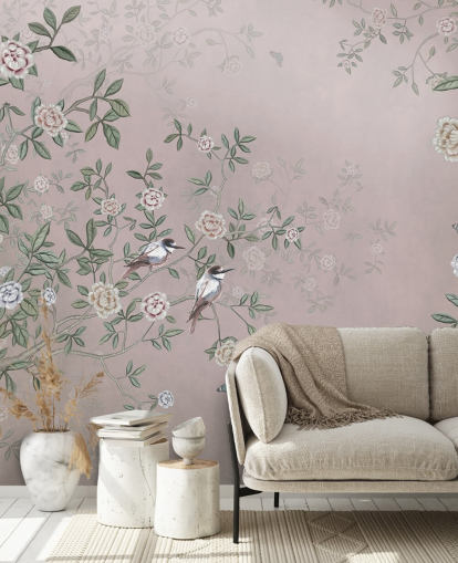 mural de papel pintado de jardín de rosas rosa llamado Birds Singing in the Rose Garden Pink at Wallsauce para dormitorios, salas de estar y baños