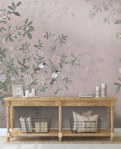 pink rose garden wallpaper mural called Birds Singing in the Rose Garden Pink at Wallsauce for bedrooms, living rooms and bathrooms pink rose garden wallpaper mural called Birds Singing in the Rose Garden Pink at Wallsauce for bedrooms, living rooms and bathrooms