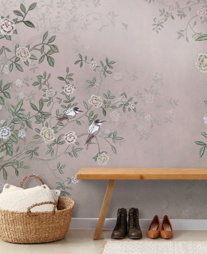 rosafarbenes Rosengarten-Wandbild mit dem Titel Birds Singing in the Rose Garden Pink at Wallsauce für Schlafzimmer, Wohnzimmer und Badezimmer