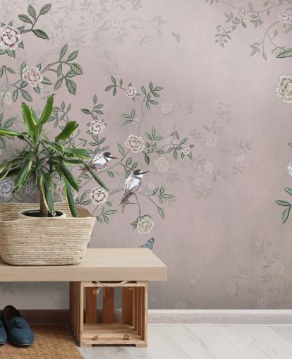 pink rose garden wallpaper mural called Birds Singing in the Rose Garden Pink at Wallsauce for bedrooms, living rooms and bathrooms pink rose garden wallpaper mural called Birds Singing in the Rose Garden Pink at Wallsauce for bedrooms, living rooms and bathrooms