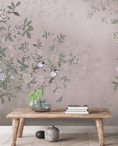 roze rozentuin behangmuurschildering genaamd Birds Singing in the Rose Garden Pink at Wallsauce voor slaapkamers, woonkamers en badkamers