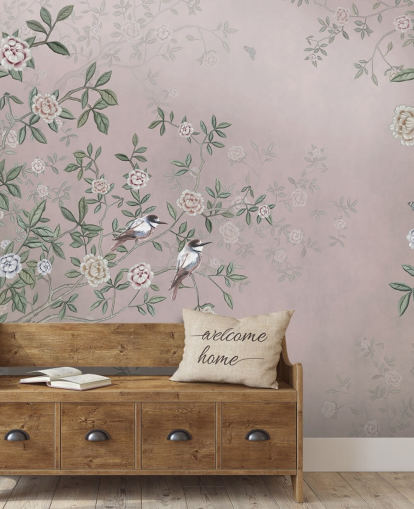 mural de papel pintado de jardín de rosas rosa llamado Birds Singing in the Rose Garden Pink at Wallsauce para dormitorios, salas de estar y baños mural de papel pintado de jardín de rosas rosa llamado Birds Singing in the Rose Garden Pink at Wallsauce para dormitorios, salas de estar y baños