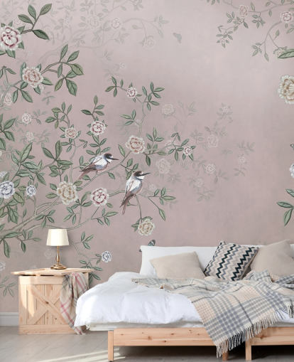 pink rose garden wallpaper mural called Birds Singing in the Rose Garden Pink at Wallsauce for bedrooms, living rooms and bathrooms pink rose garden wallpaper mural called Birds Singing in the Rose Garden Pink at Wallsauce for bedrooms, living rooms and bathrooms