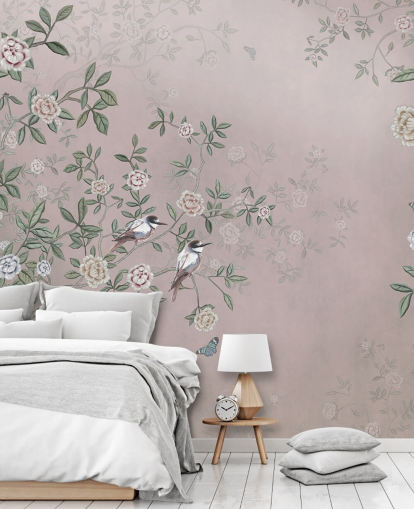carta da parati murale rosa con giardino di rose chiamato Birds Singing in the Rose Garden Pink at Wallsauce per camere da letto, salotti e bagni