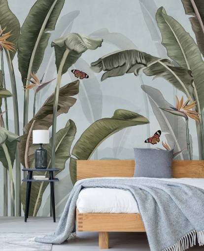 mural de papel de parede de selva azul e verde chamado Palmeiras e borboletas azuis em Wallsauce mural de papel de parede de selva azul e verde chamado Palmeiras e borboletas azuis em Wallsauce