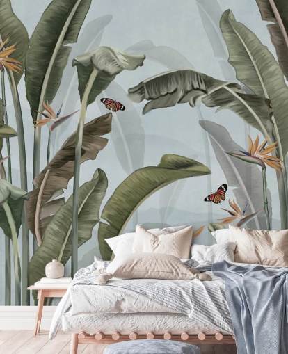 blauwe en groene jungle behangmuurschildering genaamd Palm Trees and Butterflies Blue bij Wallsauce blauwe en groene jungle behangmuurschildering genaamd Palm Trees and Butterflies Blue bij Wallsauce