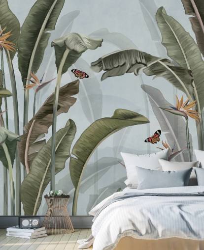 blue and green jungle wallpaper mural called Palm Trees and Butterflies Blue at Wallsauce blue and green jungle wallpaper mural called Palm Trees and Butterflies Blue at Wallsauce