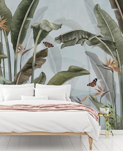 blue and green jungle wallpaper mural called Palm Trees and Butterflies Blue at Wallsauce blue and green jungle wallpaper mural called Palm Trees and Butterflies Blue at Wallsauce