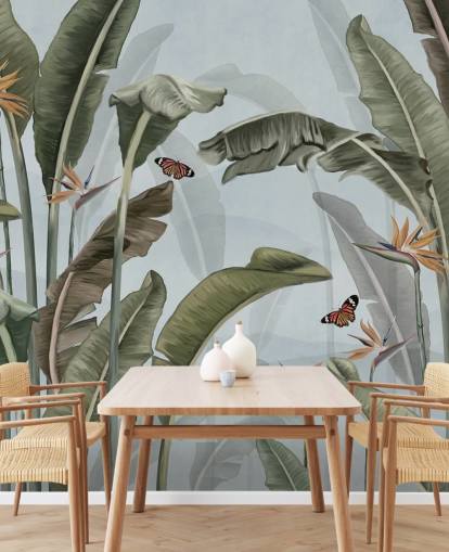 blå och grön djungel tapetväggmålning som heter Palm Trees and Butterflies Blue på Wallsauce