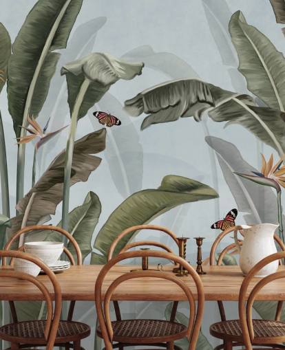 blue and green jungle wallpaper mural called Palm Trees and Butterflies Blue at Wallsauce