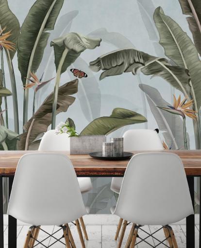 blue and green jungle wallpaper mural called Palm Trees and Butterflies Blue at Wallsauce