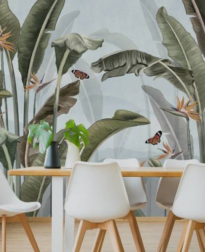 mural de papel pintado azul y verde de la jungla llamado Palm Trees and Butterflies Blue en Wallsauce