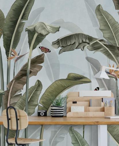 blå og grøn jungle tapetmaleri kaldet Palm Trees and Butterflies Blue på Wallsauce blå og grøn jungle tapetmaleri kaldet Palm Trees and Butterflies Blue på Wallsauce
