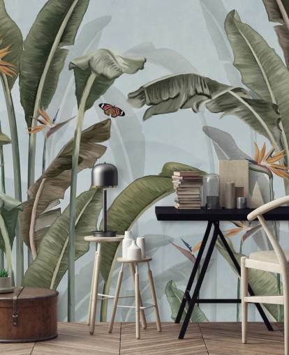 mural de papel pintado azul y verde de la jungla llamado Palm Trees and Butterflies Blue en Wallsauce mural de papel pintado azul y verde de la jungla llamado Palm Trees and Butterflies Blue en Wallsauce