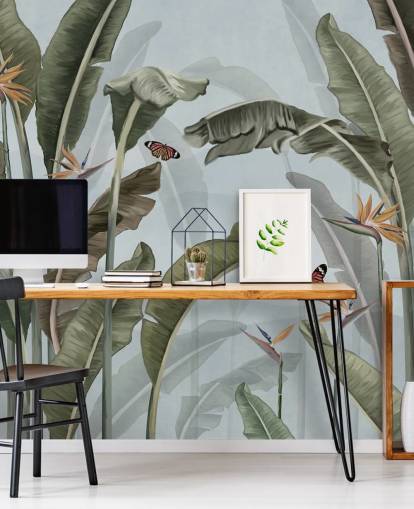 mural de papel pintado azul y verde de la jungla llamado Palm Trees and Butterflies Blue en Wallsauce mural de papel pintado azul y verde de la jungla llamado Palm Trees and Butterflies Blue en Wallsauce