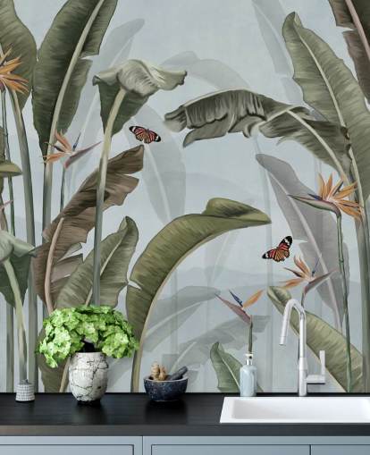 mural de papel pintado azul y verde de la jungla llamado Palm Trees and Butterflies Blue en Wallsauce