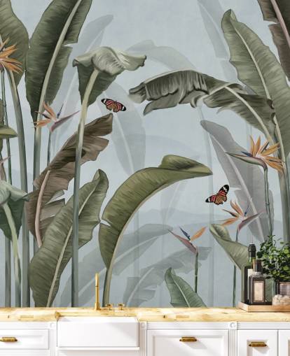 mural de papel de parede de selva azul e verde chamado Palmeiras e borboletas azuis em Wallsauce