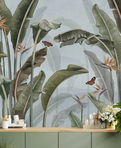 mural de papel pintado azul y verde de la jungla llamado Palm Trees and Butterflies Blue en Wallsauce