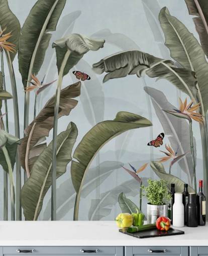 blå og grønn jungel tapetmaleri kalt Palm Trees and Butterflies Blue på Wallsauce blå og grønn jungel tapetmaleri kalt Palm Trees and Butterflies Blue på Wallsauce