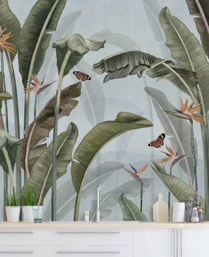 blå og grøn jungle tapetmaleri kaldet Palm Trees and Butterflies Blue på Wallsauce blå og grøn jungle tapetmaleri kaldet Palm Trees and Butterflies Blue på Wallsauce