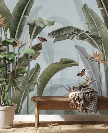 blue and green jungle wallpaper mural called Palm Trees and Butterflies Blue at Wallsauce