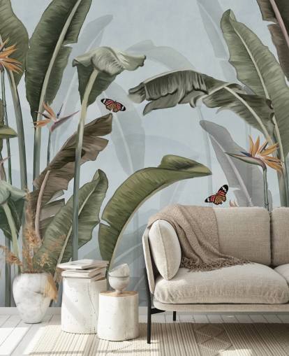 blå och grön djungel tapetväggmålning som heter Palm Trees and Butterflies Blue på Wallsauce