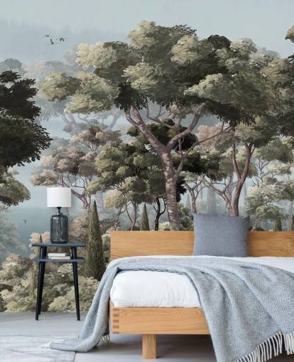 blå och grön skog tapetväggmålning som heter Vintage Forest Landscape Blue på Wallsauce för sovrum och vardagsrum