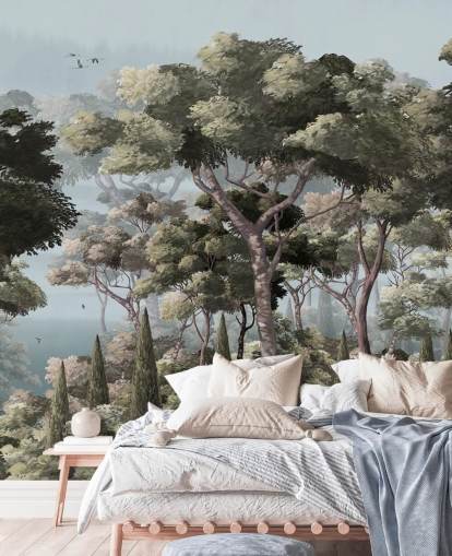 blauwe en groene bosbehangmuurschildering genaamd Vintage Forest Landscape Blue at Wallsauce voor slaapkamers en woonkamers
