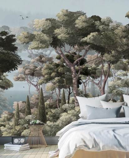 blue and green forest wallpaper mural called Vintage Forest Landscape Blue at Wallsauce for bedrooms and living rooms