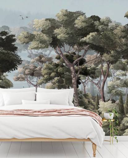 blå och grön skog tapetväggmålning som heter Vintage Forest Landscape Blue på Wallsauce för sovrum och vardagsrum blå och grön skog tapetväggmålning som heter Vintage Forest Landscape Blue på Wallsauce för sovrum och vardagsrum