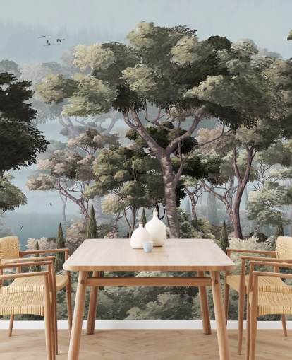 blue and green forest wallpaper mural called Vintage Forest Landscape Blue at Wallsauce for bedrooms and living rooms