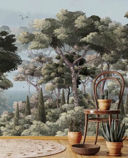 blue and green forest wallpaper mural called Vintage Forest Landscape Blue at Wallsauce for bedrooms and living rooms