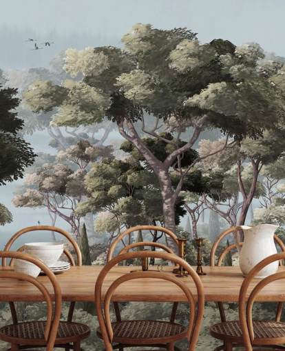 blauwe en groene bosbehangmuurschildering genaamd Vintage Forest Landscape Blue at Wallsauce voor slaapkamers en woonkamers