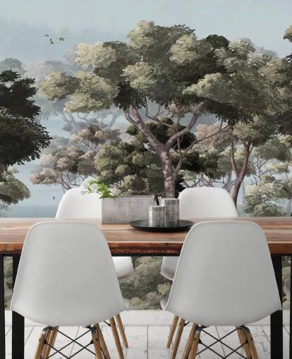 blått og grønt skogstapetveggmaleri kalt Vintage Forest Landscape Blue på Wallsauce for soverom og stuer