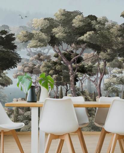 mural de papel pintado de bosque azul y verde llamado Vintage Forest Landscape Blue at Wallsauce para dormitorios y salas de estar