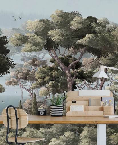 blaues und grünes Waldtapeten-Wandbild namens Vintage Forest Landscape Blue in Wallsauce für Schlafzimmer und Wohnzimmer blaues und grünes Waldtapeten-Wandbild namens Vintage Forest Landscape Blue in Wallsauce für Schlafzimmer und Wohnzimmer