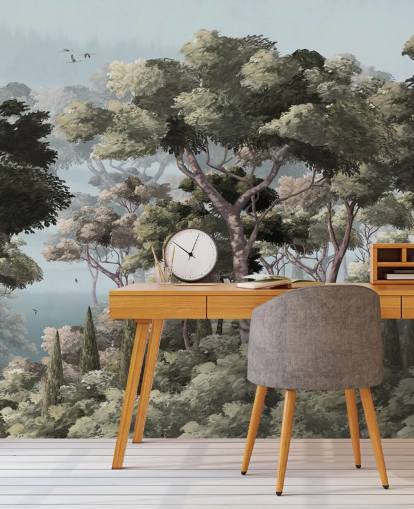 sininen ja vihreä metsätaustakuvamaalaus nimeltä Vintage Forest Landscape Blue Wallsaucessa makuuhuoneisiin ja olohuoneisiin